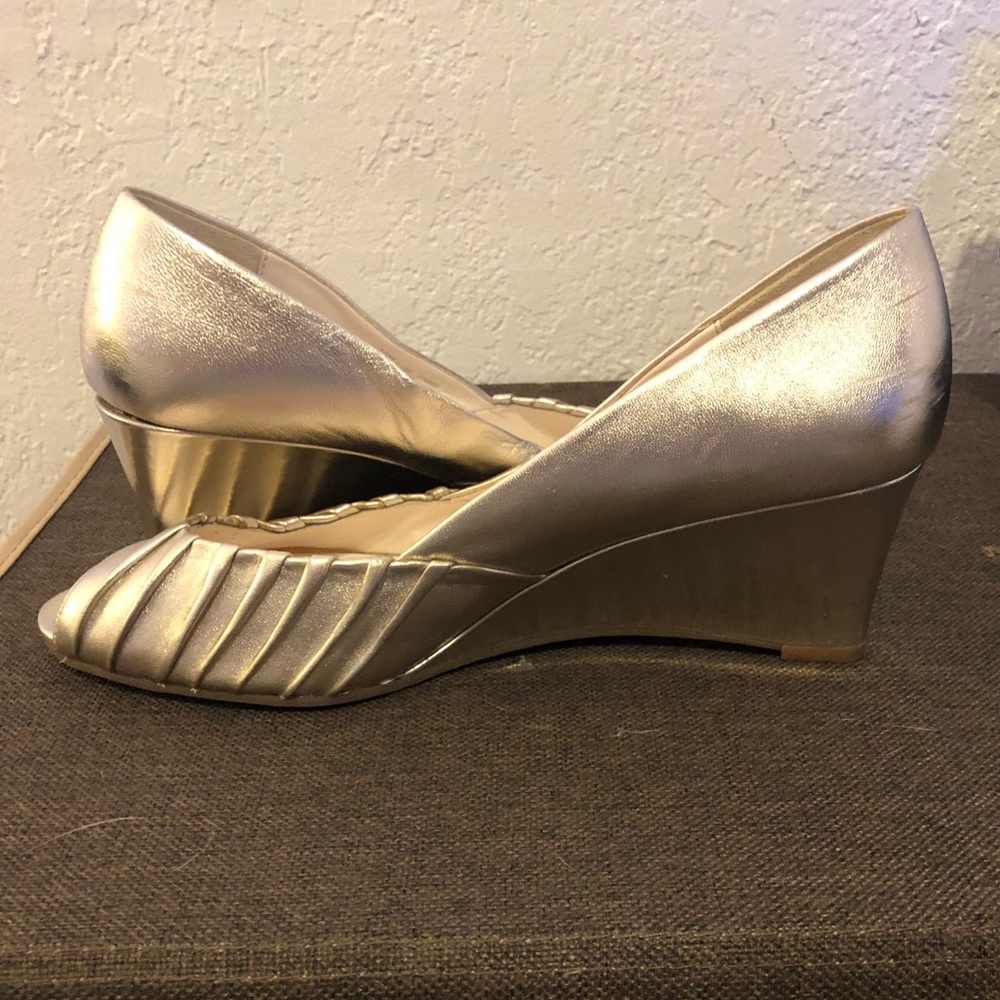 Etienne Aigner Gold Peep-Toe Wedges
